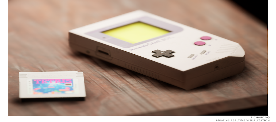 Realistic VFX still of a Gameboy and Tetris cartridge